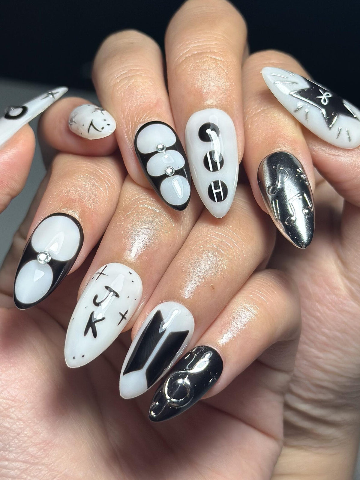 JungKook Inspired Black & White Nails | Kpop JK Solo Era Press Ons | Y2K Star and Bow Nails | Musical Note Gothic Press Ons | OC364IK