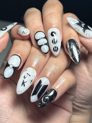 JungKook Inspired Black & White Nails | Kpop JK Solo Era Press Ons | Y2K Star and Bow Nails | Musical Note Gothic Press Ons | OC364IK