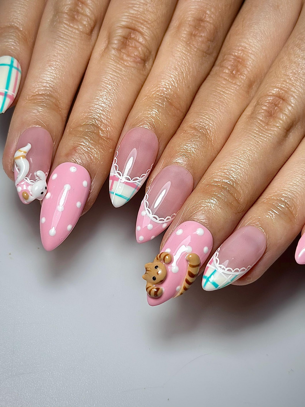 Cute Cat Pink Press On Nails | 3D Kitty Nail Art | Kawaii Pastel Plaid Nails | Handmade Character Nails | Soft Girl Cat Press Ons | OB323HC