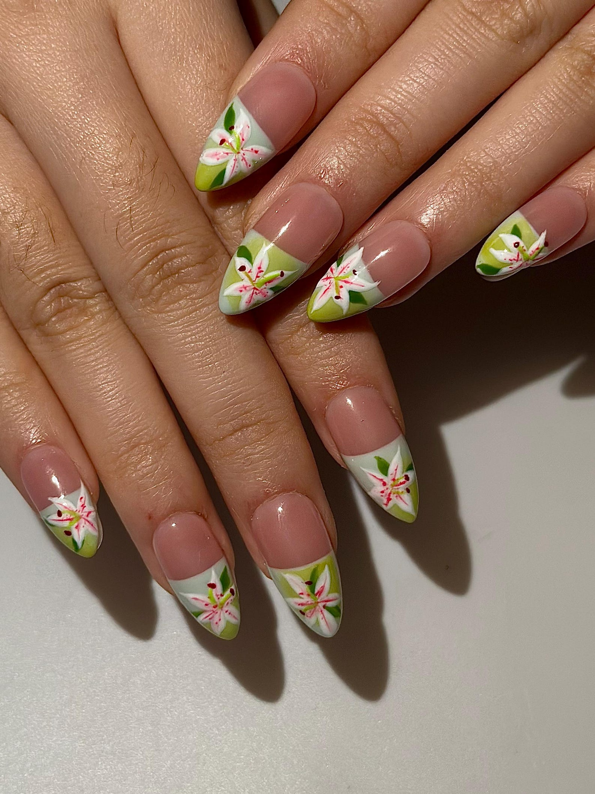 Soft Lily Floral Press On Nails for Spring | Pink Green Flower Nails | Lilies Nail Art | Botanical Press Ons | Romantic Spring Nail| OB294HC