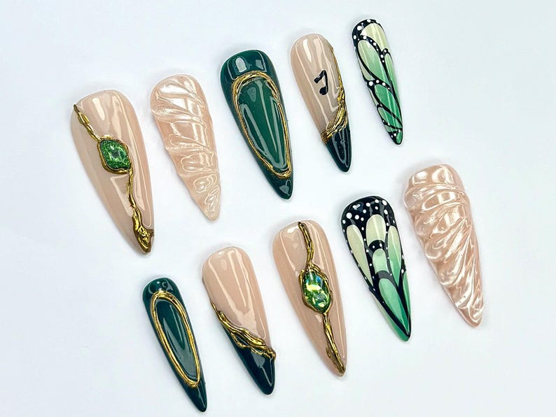 Emerald Butterfly Press On Nails | Nature Inspired Press Ons | Luxurious Green Nail Art | Shimmer Green Nail Set | Luxury Nails | OB758YC