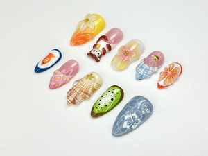 Summer Picnic Mokey Press On Nails | 3D Fruit & Flower Art |Fun Mismatched Vacation Nail Set | Playful Beach Picnic Nail| Cute Nails|OC976HC