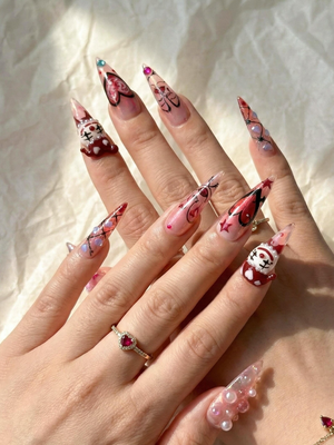 Gothic Valentine Clown Heart Press On Nails for Dark Romance Girls, Handmade Long Pink Chrome Fake Nails, Alternative Love Nail,OB278EC
