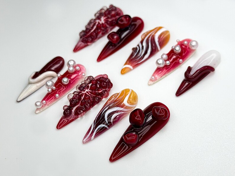 Pomegranate Lava Press On Nails | Deep Red Chrome Fruit Nails | 3D Pearl Fire Nail Art | Garnet Gradient Press Ons | Artistic Red | OB858H