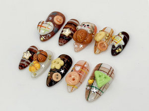 Kawaii 3D Cat Press On Nails | Cute Autumn Plaid Nails | Cat & Plaid 3D Nail Set | Handmade Kawaii Nail Set | Autumn Inspired | OB594HC