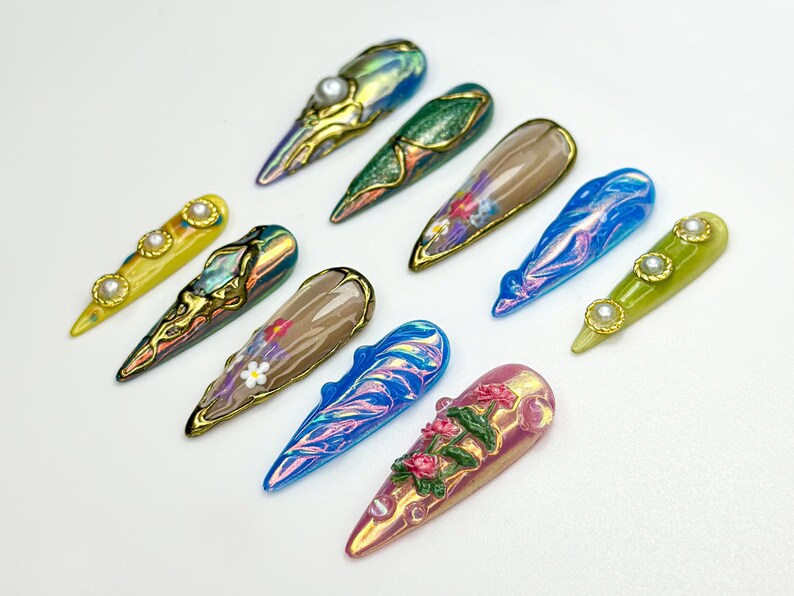 Floral Chrome Press On Nails | Mixed Pearl 3D Art Nails | Sculpted Nature-Inspired | Holographic Garden Press Ons | Artistic Nail | OB856HK