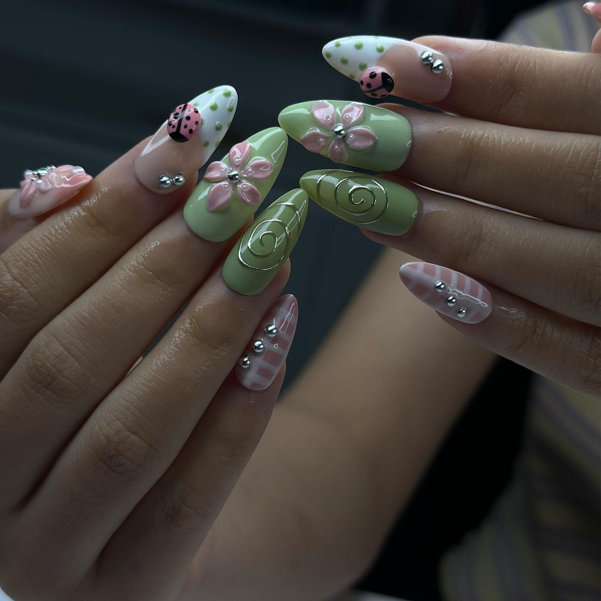 Ladybug Press On Nails Almond • Spring Garden Gift • Pink Green 3D Flower Cute Kawaii Handmade Fake Nails Reusable Set Floral Gift | OB428LG