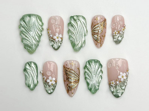 Nature Muse Nail Bundle | 3 Nature-Inspired Press On Nail Sets | Leaf, Butterfly & Floral Art | Reusable Nail Kit|OB103L
