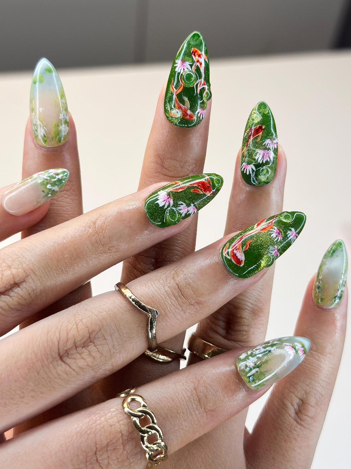 3D Koi Pond & Pink Lotus Press On Nails | Zen Garden Art | Luxury Moss Green Shimmer Stiletto Nails | Water Droplet Nail Art | OB387IC