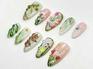 Elegant Flower Garden Press On Nails | 3D Wildflower & Dragonfly Nails | Nature-Inspired Floral Nail Art | Elegant Spring Press Ons |OC816HC