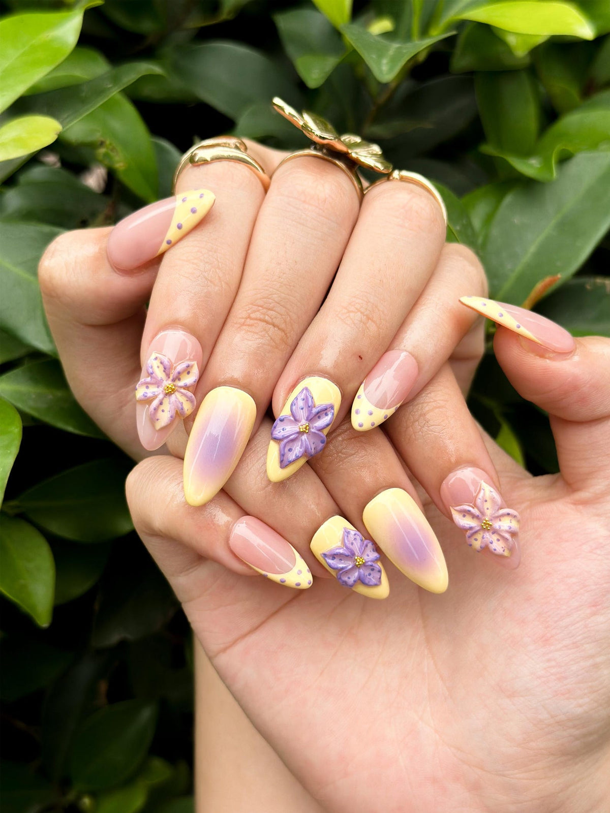 Pastel Sunset Bloom Press On Nails | 3D Purple Flower Nails | Yellow Ombre Nails | Soft Floral Nail Art | Elegant Almond Nails | OB848NC