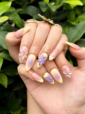 Pastel Sunset Bloom Press On Nails | 3D Purple Flower Nails | Yellow Ombre Nails | Soft Floral Nail Art | Elegant Almond Nails | OB848NC