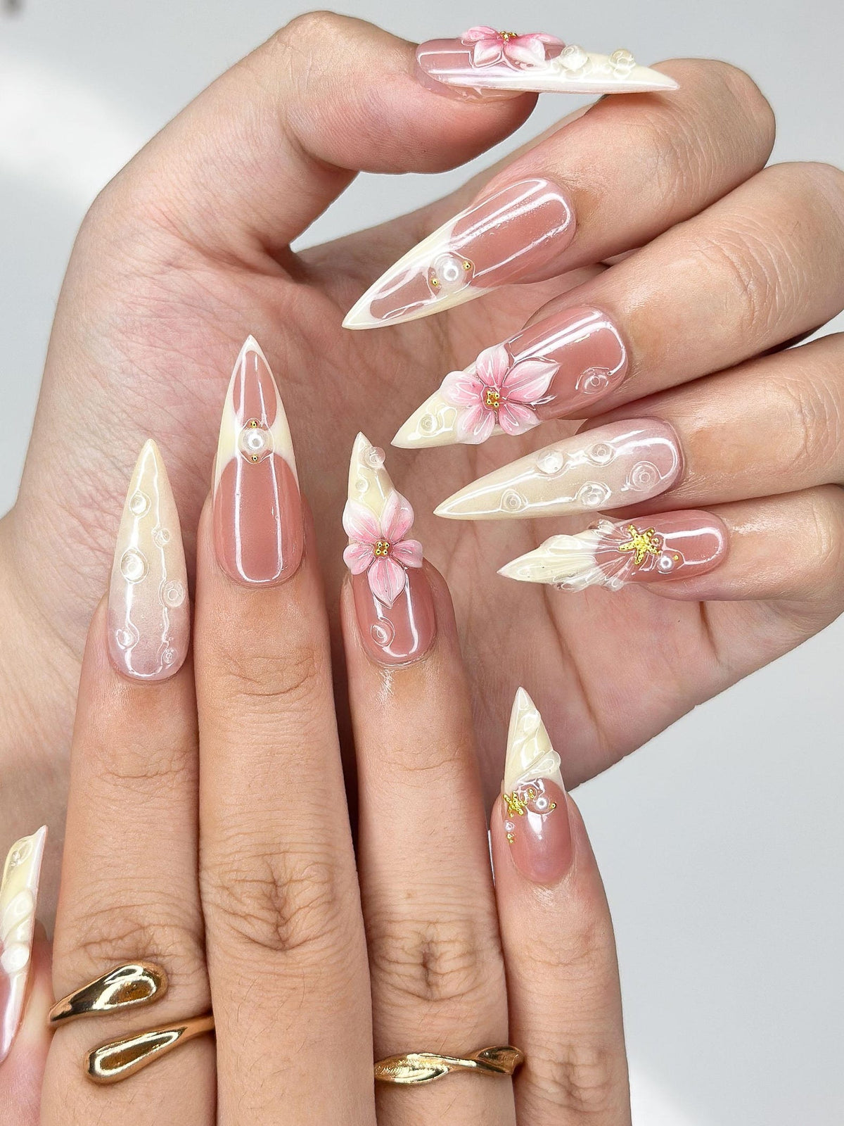 3D Pink Lily & Lemon French Nails | Summer Ocean Shell Press Ons | Luxury Tropical Botanical Stiletto Art | OB373IC