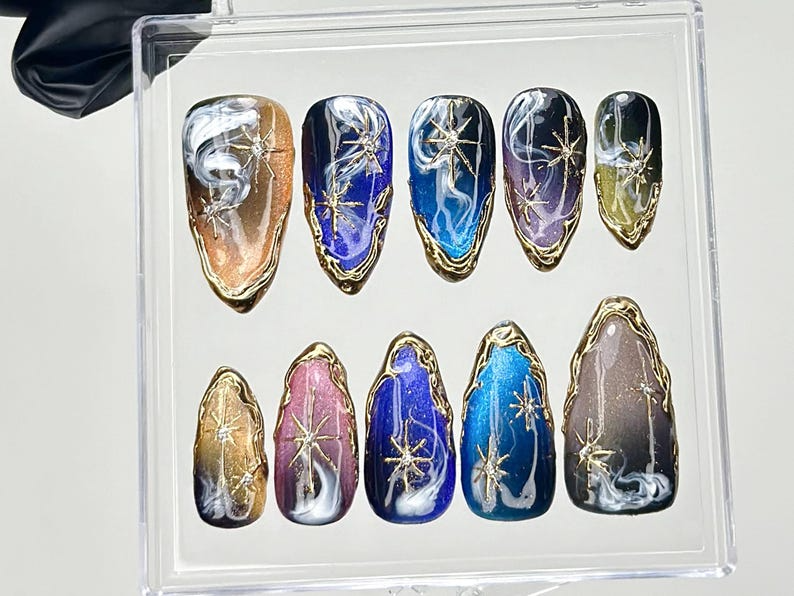 Galaxy Star Press On Nails | Cosmic Nail Set with Gold Stars Fake Nails | Starry Night Nail Art | Galaxy Blue Nails | Luxury Nails | OB916YC