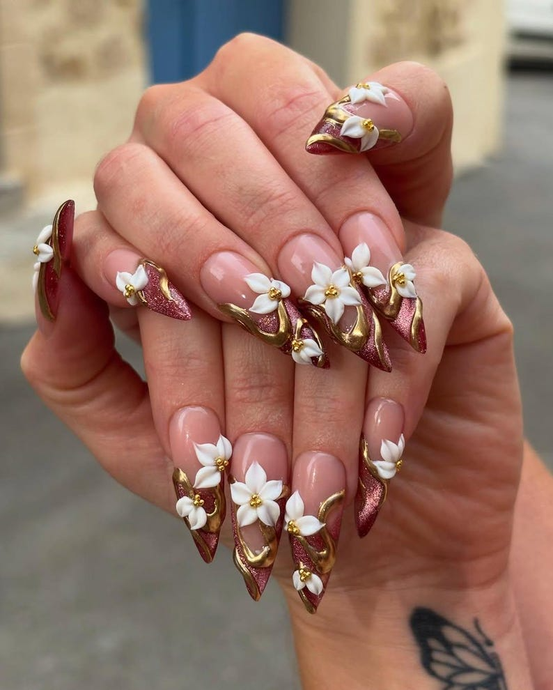 Bold Red Floral Press On Nails | Red Nude Gradient Nails | 3D White Floral & Gold Accents | Statement Autumn Nails | OB177EC