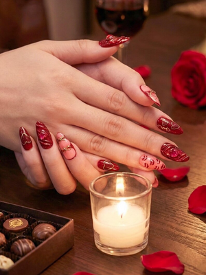 Ruby Kiss Valentine Press On Nails | 3D Heart Valentine Long Nails | Red Pink Ribbon Nail Art | Luxury Love Statement Set | OB273EC