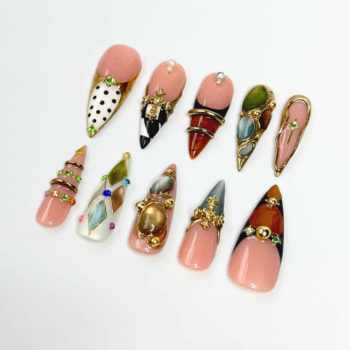 Luxury Press On Nails with Gemstone Charms | Vintage Gold Fake Nails in Long Almond | Handmade Statement Nails for Wedding, Party OB1111L