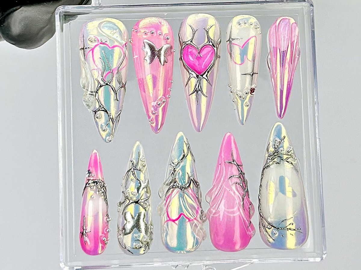 Chrome Pink Heart Press On Nails By DoryNails | Y2K Silver Mirror Design Fake Nails | Iridescent Butterfly Nail Art | Girly Nails| OC817Y