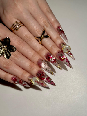 Handmade Cherry Blossom Press On Nails, Asian Inspired Luxury 3D Jade and Gold Leaf Nails, Elegant New Year Luxury Fake Nails, OB1021HC