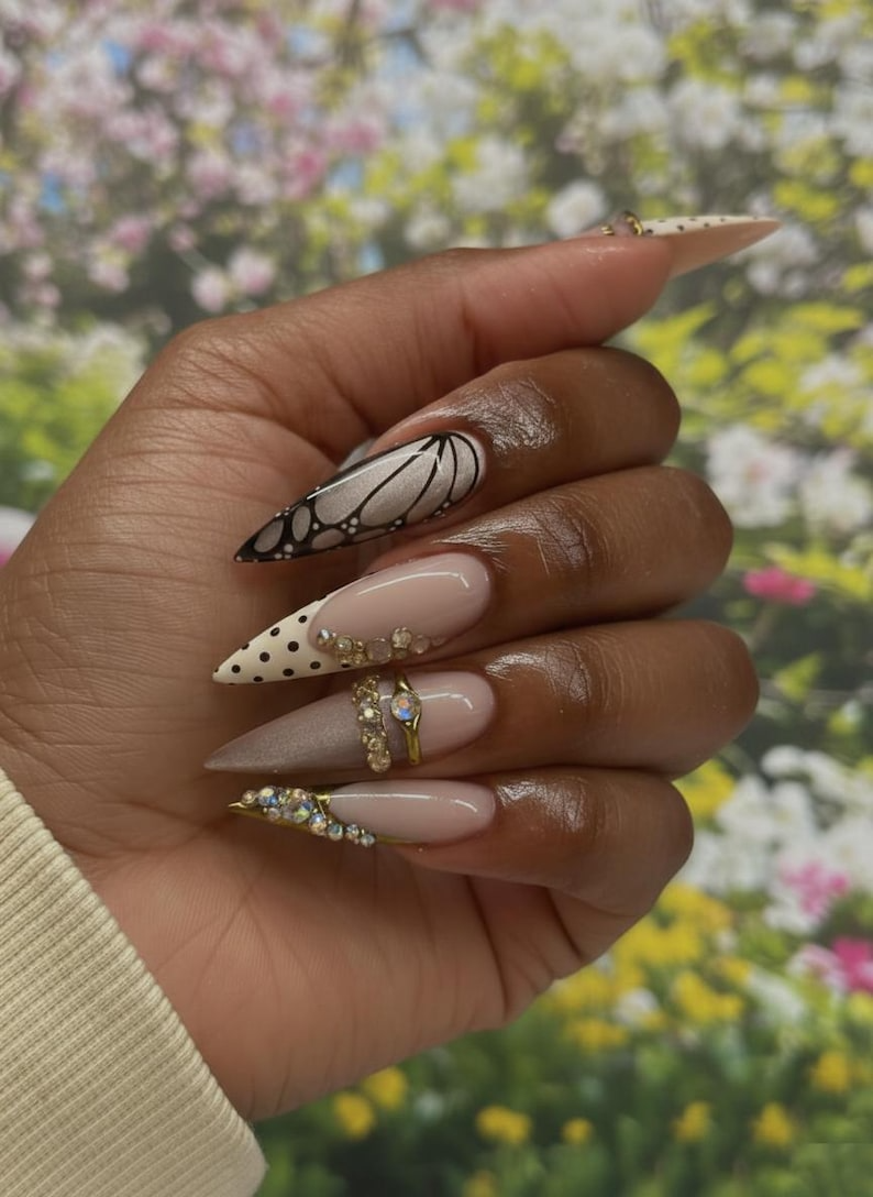Butterfly Elegance Luxury Press On Nails | Nude Gold Crystal Nail Set | Crystal Wing Nail Art | Spring Butterfly | OB269EC