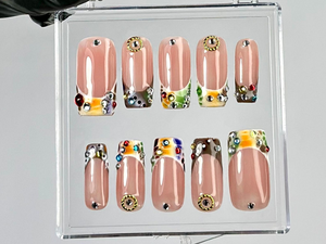 Glam Rhinestone Press On Nails by Dorynails | Nude & Colorful Gem Nail Set |Nude with Sparkle Gems Nail Art |French Tips Fake Nails|OC789YK