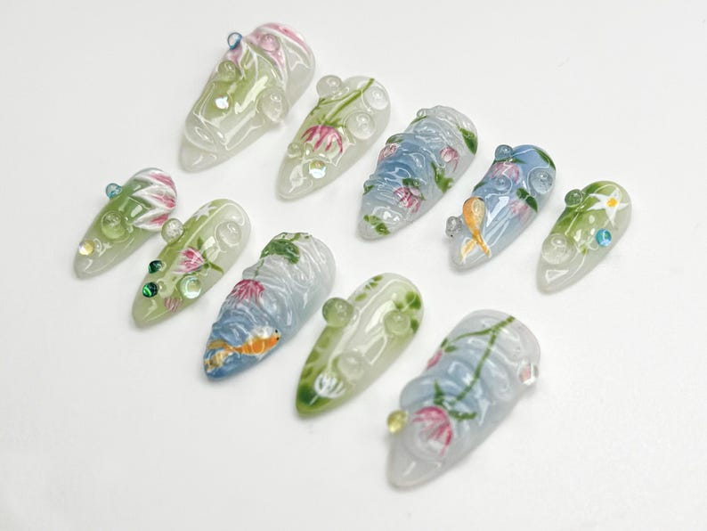 Water Garden Koi Press On Nails | Hand-Painted Koi Fish & Lotus Flowers | Zen Nature Art Nail Set | Calm Pond-Inspired Press Ons | OC798HC