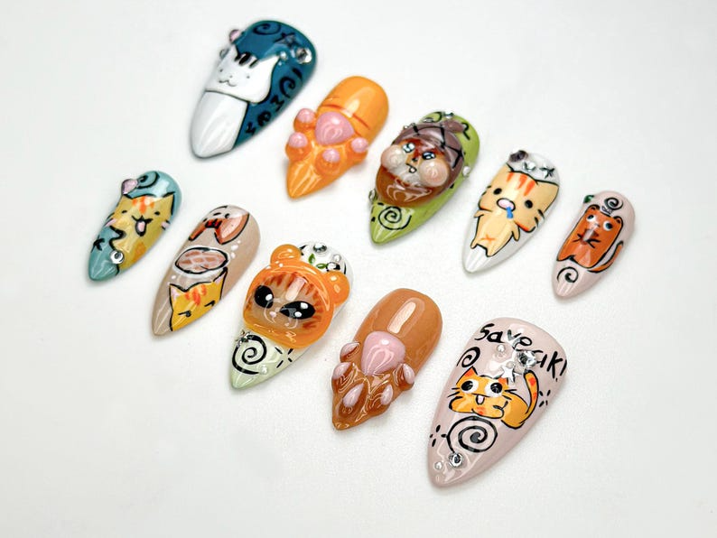Whimsical Cartoon Kitty Press On Nails | 3D Cat Paw & Animal Faces | Cute Cartoon Pet Press Ons | Handmade Kawaii Nail Set | OB953H