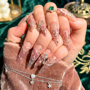 Leopard Print Press On Nails | Luxury Gyaru Y2K Stiletto Nails | Silver Star Chain Heart Fake Nails | OB405LK