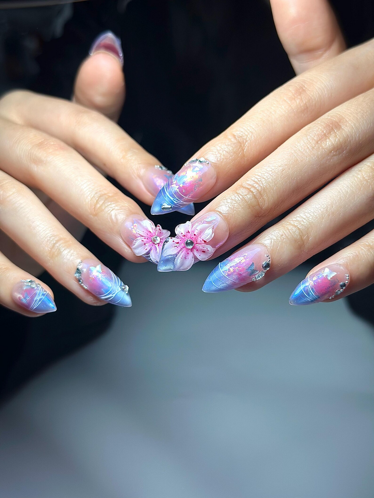 Aurora Galaxy Floral Press On Nails | Iridescent Chrome Stiletto Nails | 3D Sakura Flower Nails | Fantasy Butterfly Nail Art | OB1044HC