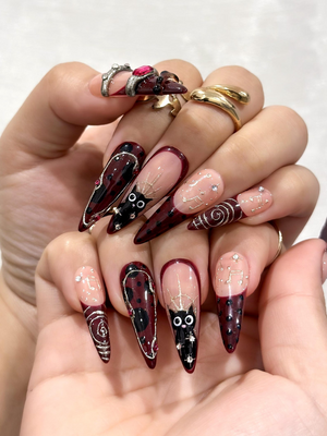 Gothic Ruby Witch Press On Nails | Red Black Sorcery Nail Art | 3D Ring Accents & Mystic Symbols | Luxury Dark Glam Set | OB1202EC