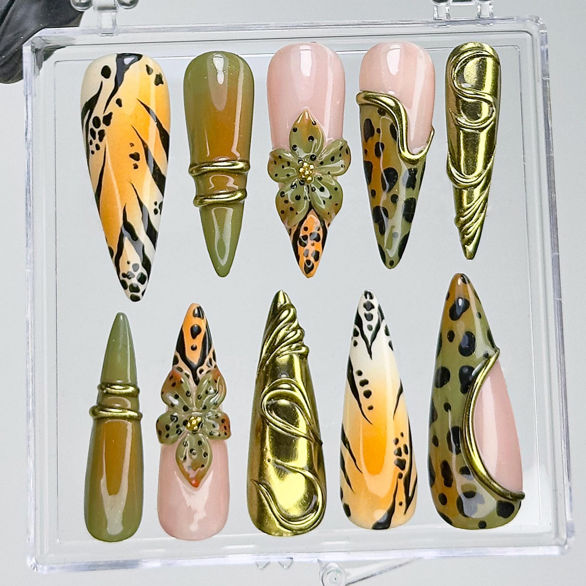 Jungle Safari Glam Press On Nails | Gold 3D Embellished Leopard Fake Nails | Olive & Mustard Animal Print Nail Art | Exotic Nails | OB733YK
