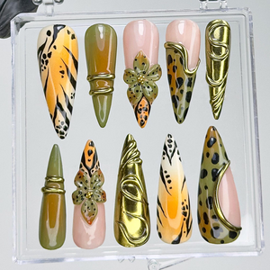 Jungle Safari Glam Press On Nails | Gold 3D Embellished Leopard Fake Nails | Olive & Mustard Animal Print Nail Art | Exotic Nails | OB733YK