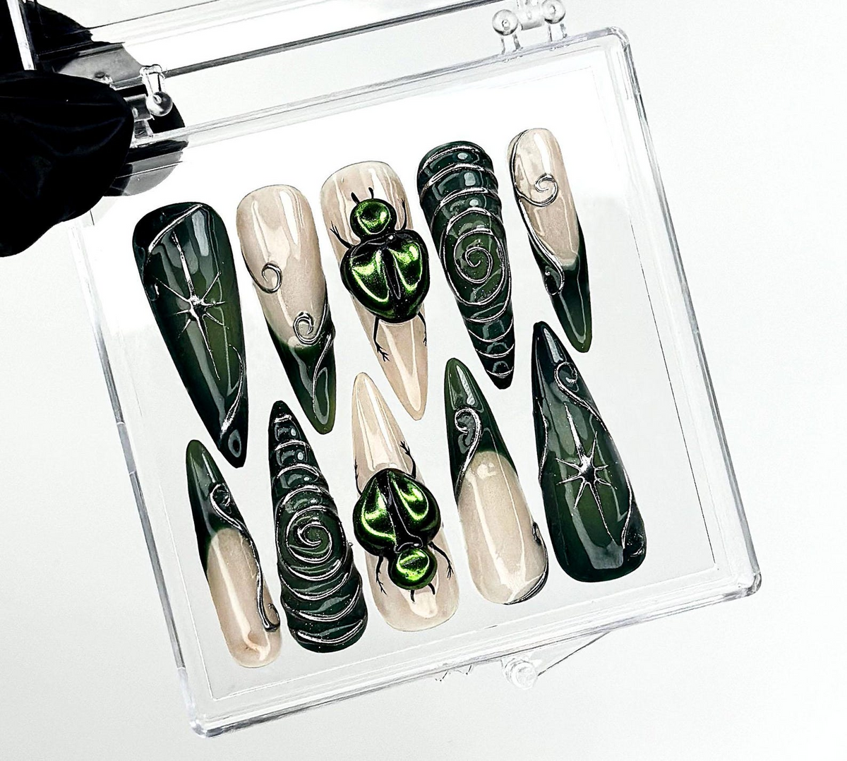 Gothic Green Press On Nails | Spider Web Nail Art | Dark Forest Vibes | Beetle 3D Design | Forest & Spider Web Details | OC963E