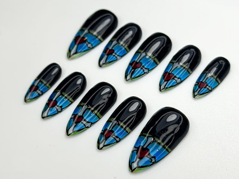 Stained Glass Heart Press On Nails | Blue Black Gothic Nail Art | Hand Painted Window Glass Design | Red Heart Accent Nails | OC846HC