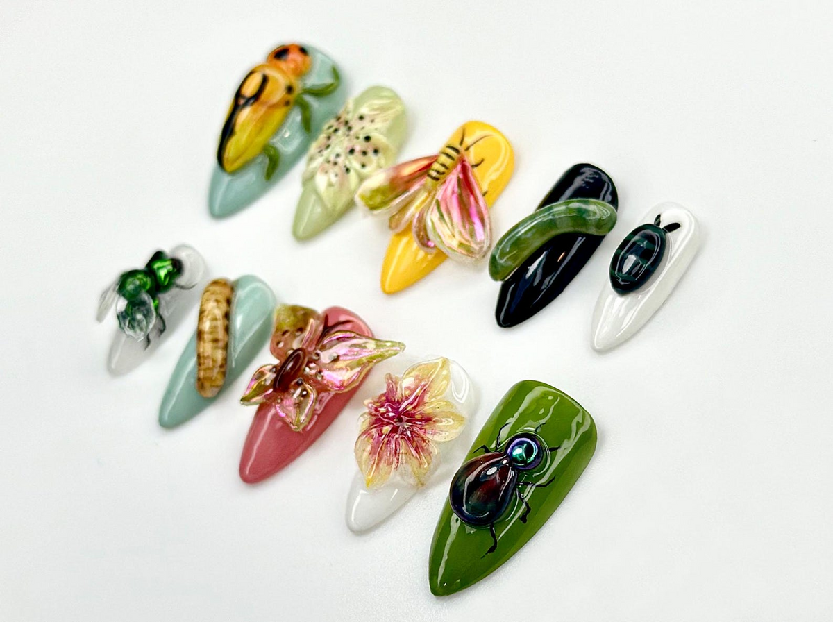 Insect Garden Fantasy Press On Nails | 3D Bug & Butterfly Nail Art | Botanical Nature Nails | Handpainted Cicada Bee Beetle Design | OB922EK
