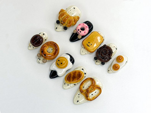 Breakfast Food Press On Nails | 3D Croissant Donut Nail Art | Toast and Egg Handmade Nails | Fun Foodie Nails | OB1114K