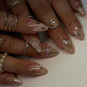Luxury Nude Gold Almond Nails | Nude & Gold Celestial Nail Set | Handmade Chrome Swirl Nails | Elegant Cosmic Nails | OC792H