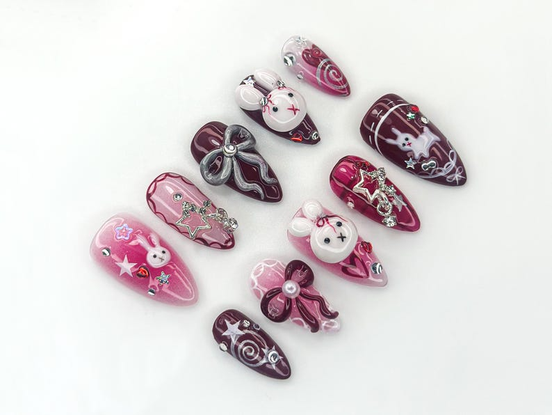 Gothic Bunny Dream Press On Nails | Red And Pink Festive Nail Art | 3D Bunny & Bow Charms | Starry Holiday Glam Nails | OB1177BC