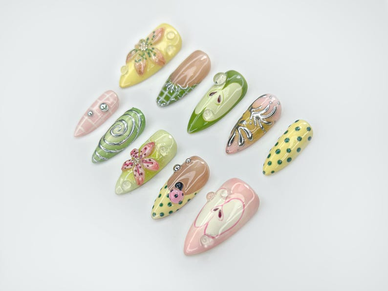Green Garden Press On Nails | 3D Floral Accents, Ladybug Charms & Whimsical Pastel Nail Art | Handmade Nature-Inspired Nail Set | OB123EC