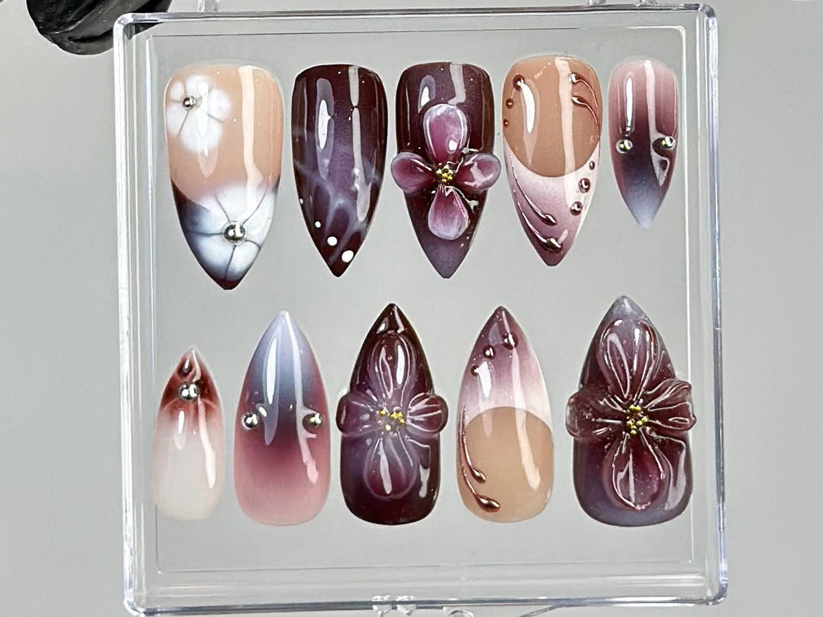 Luxury Purple Press On Nails | Glossy Ombre Press Ons | Deep Burgundy Fake Nails | 3D Blossom Nail Art | Long Almond Nails | OB746YK