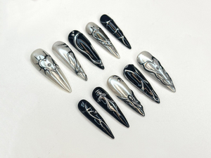 Black Silver Chrome Press On Nails | Gothic Metallic Nail Art | Winter Armor Nails | Holiday Party Nails | Handmade Gift Set | OC1193BK