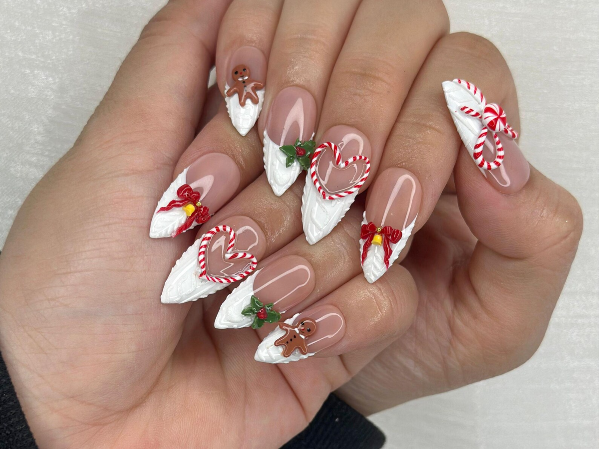 Winter Wonderland Press On Nails For Christmas | 3D Christmas Cookie Nail Art | Red White Holiday Nails | Gingerbread & Bow Press Ons | OB1197HC
