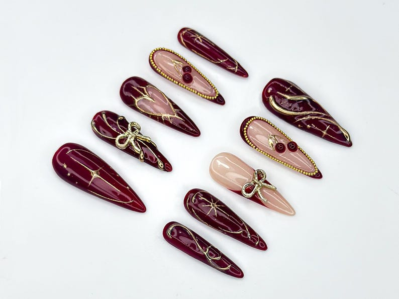 Wine Red Fall Press On Nails | Burgundy & Gold Nail Art | Autumn Holiday Nails | Handmade Glam Nail Set | Elegant Long Nails | OC1137BC