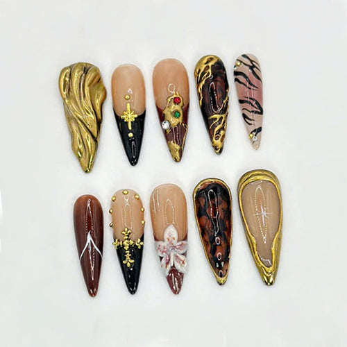 Glamorous Golden Press On Nails | Tortoise Shell And Gold Accents | Handcrafted Luxury Nails | Elegant Handmade Set | OB573HK