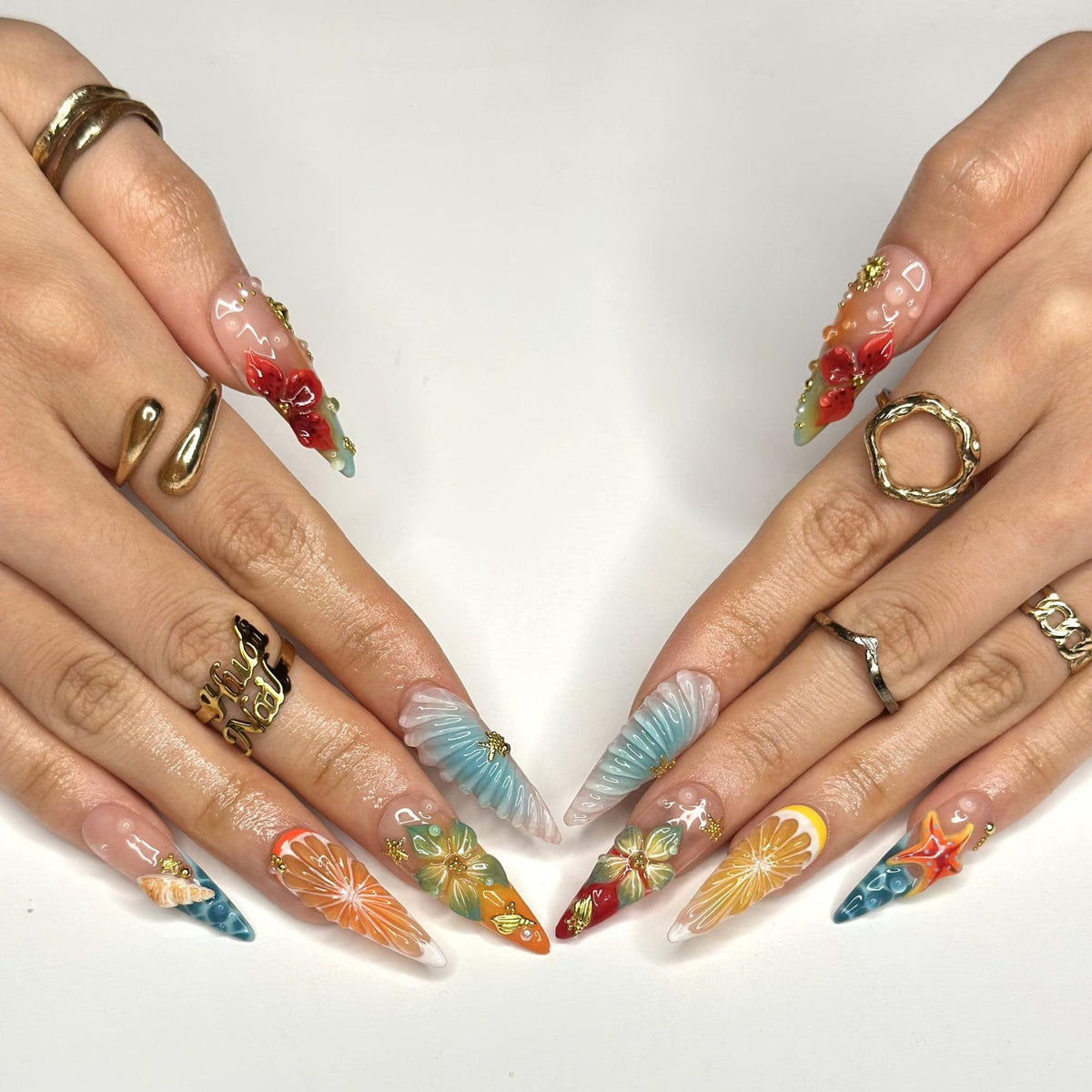 3D Fruit & Tropical Flower Nails | Yellow Lemon Orange Citrus Press On | Pastel Blue Shell Starfish Art | Summer Beach Vacation | OB1349D