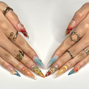 3D Fruit & Tropical Flower Nails | Yellow Lemon Orange Citrus Press On | Pastel Blue Shell Starfish Art | Summer Beach Vacation | OB1349D