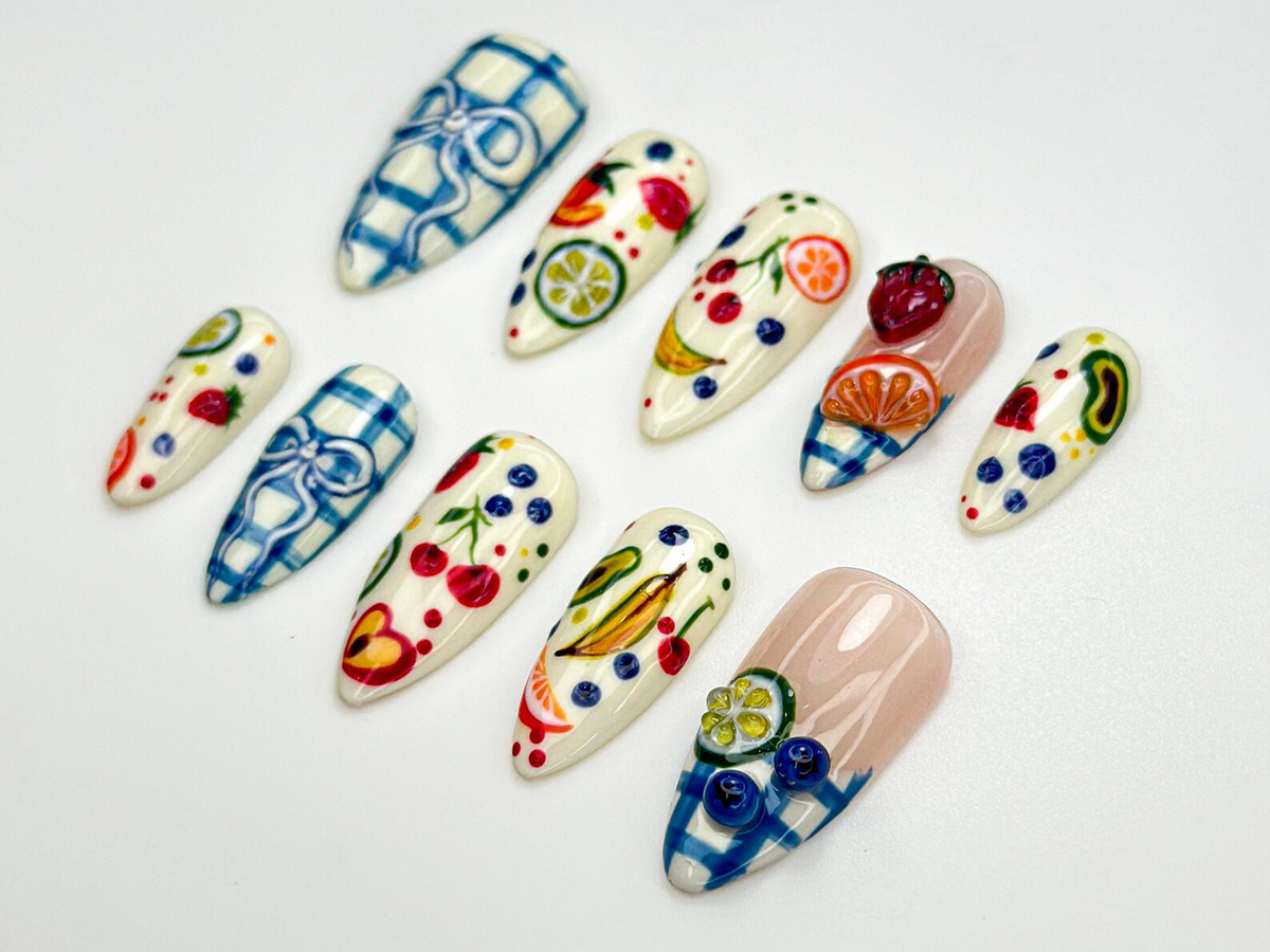 Fruit Picnic Press On Nails | Hand-Painted Fruit Nail Art | Summer Citrus Nail Design | Plaid Bow Cute Press Ons | Colorful Nails | OB853HC