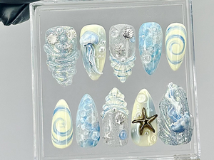 Ocean Theme Press On Nails | 3D Jellyfish & Shell Press Ons | Beach Vibes Fake Nails | Summer Sea Nail Art | Underwater Nails | OB822YC