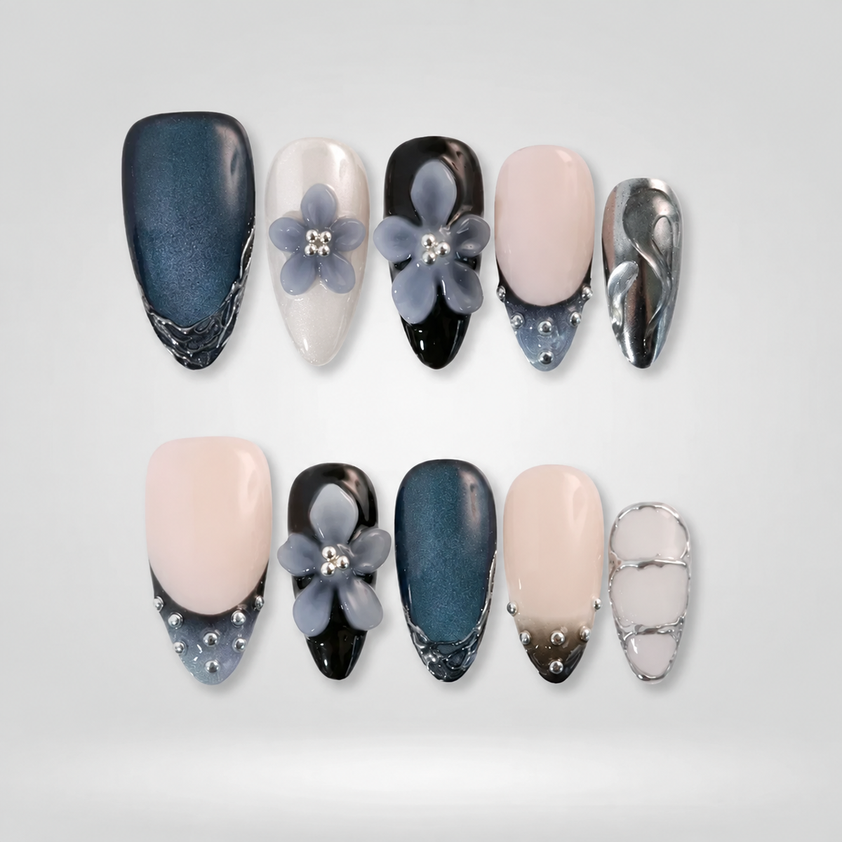 Steel Bloom 3D Flower Press-On Nails - Aninail