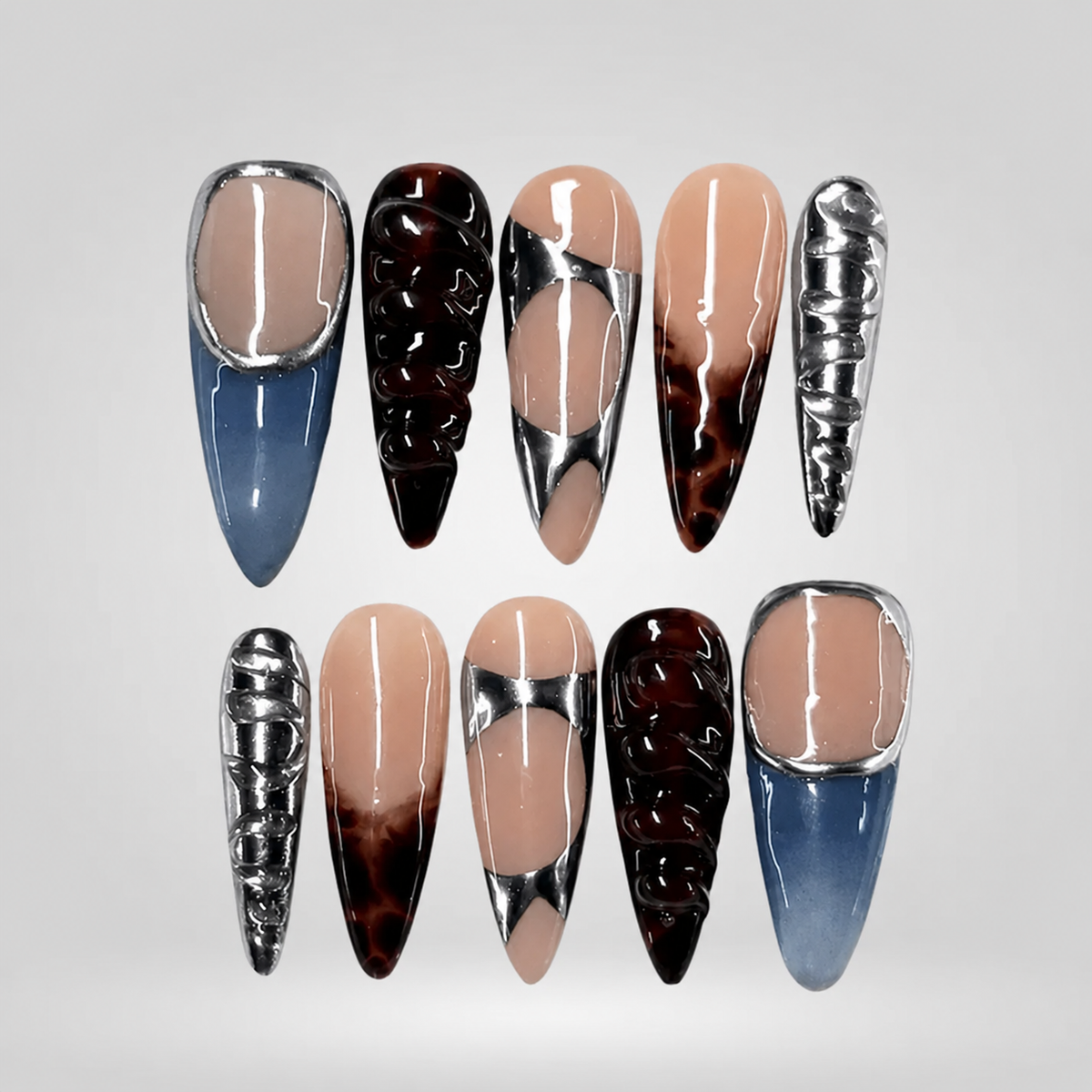 Gold Twist Brown & Blue Press-On Nails - Aninail
